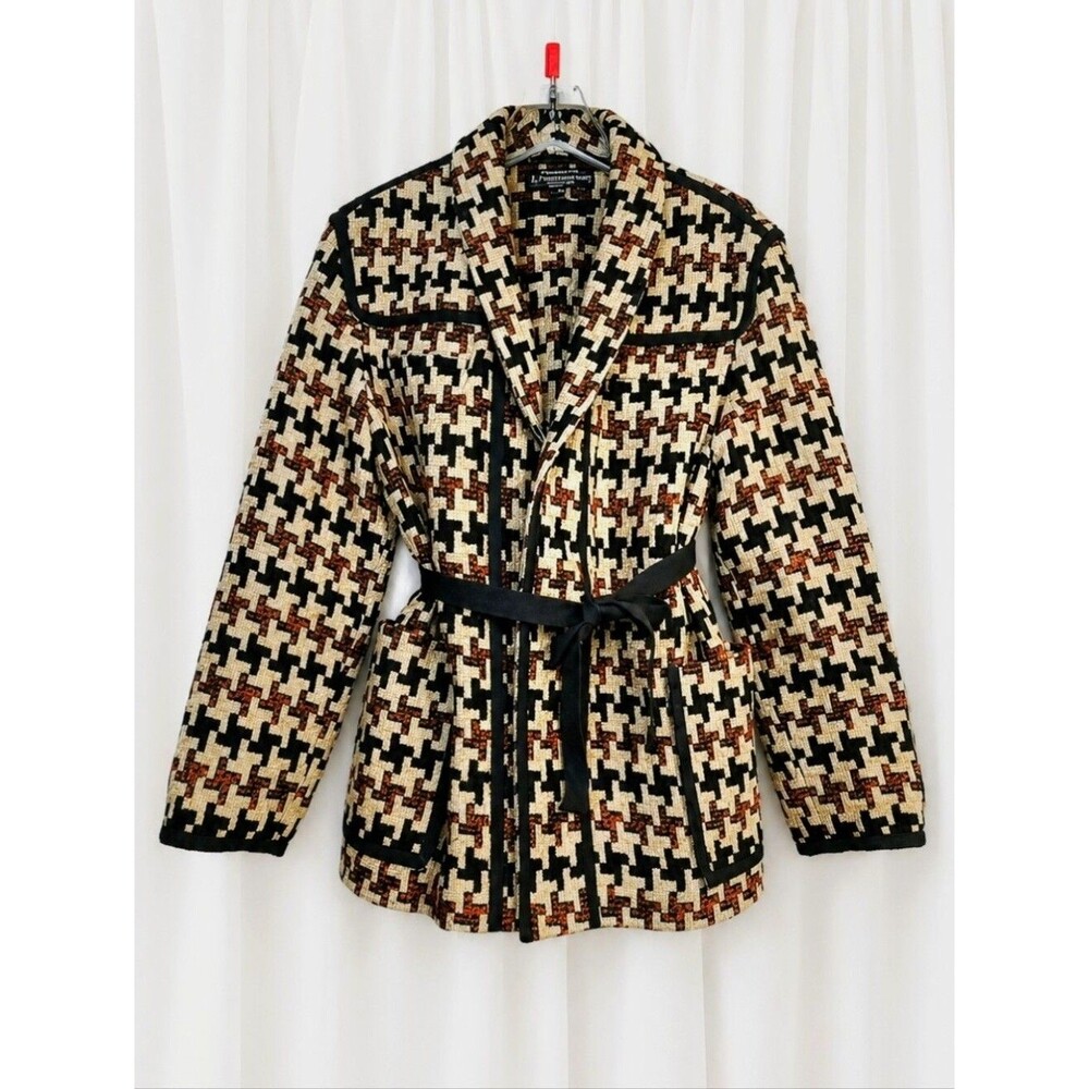 J. Peterman Belted Houndstooth Wool Blend Rust Black Classic Chic Heritage Coat